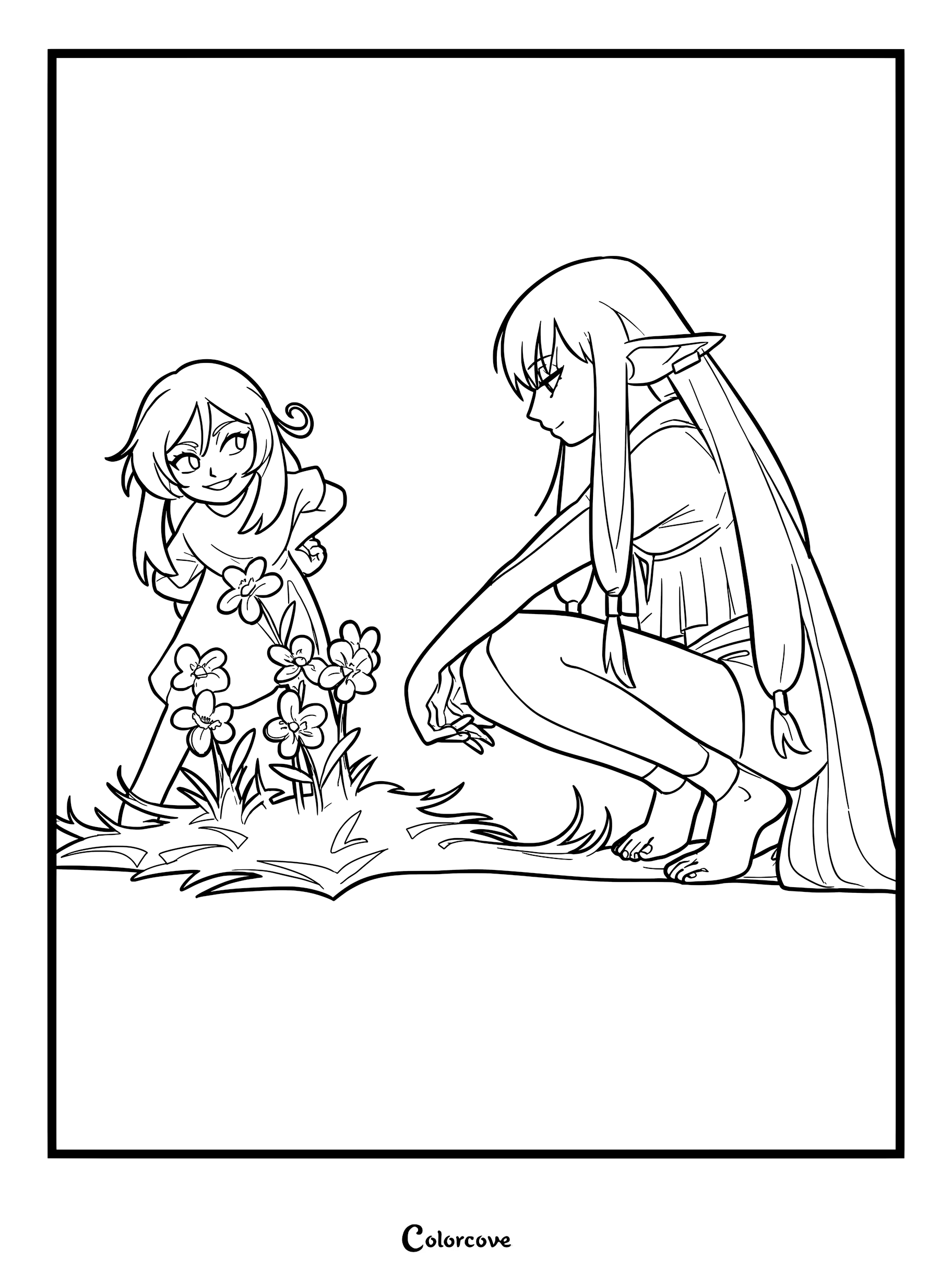 A printable coloring page featuring a young Flamme observing Serie as she teaches magic near a patch of flowers in Frieren Beyond Journey's End.