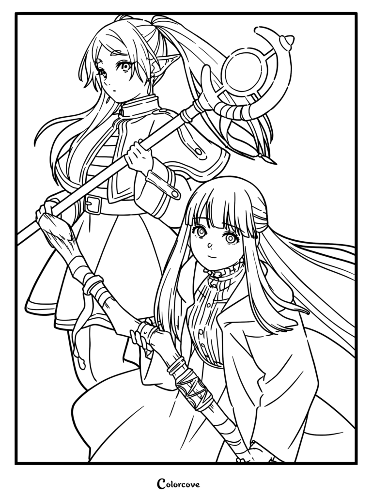 Line art coloring page featuring Frieren holding her staff and Fern standing together from Frieren Beyond Journey's End.