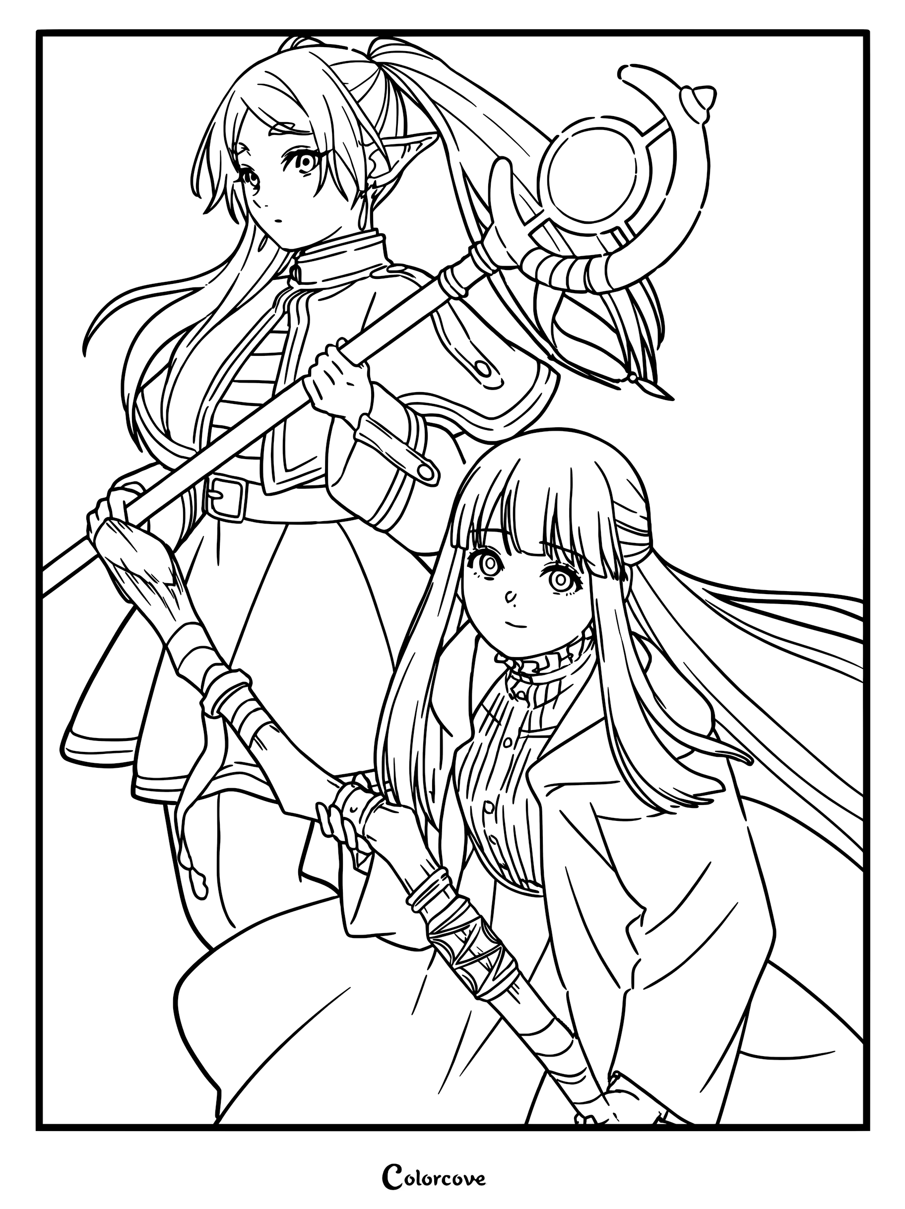 Line art coloring page featuring Frieren holding her staff and Fern standing together from Frieren Beyond Journey's End.