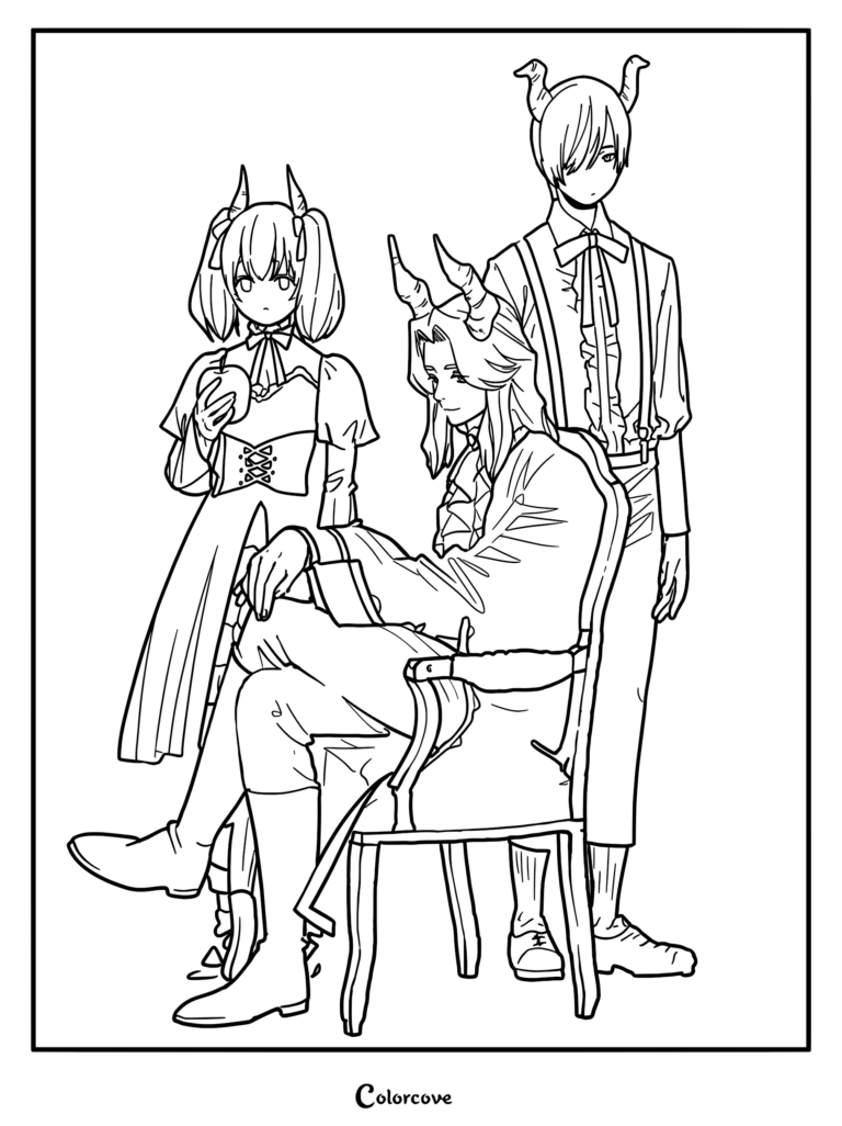Printable coloring page featuring Lügner sitting in a chair with Linie and Draht standing beside him from Frieren Beyond Journey's End.