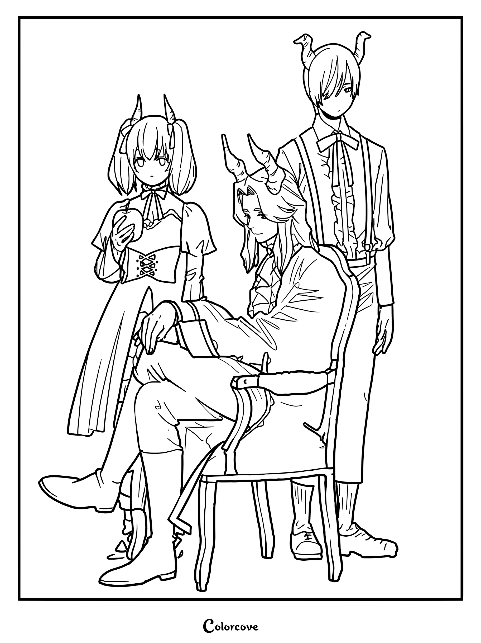 Printable coloring page featuring Lügner sitting in a chair with Linie and Draht standing beside him from Frieren Beyond Journey's End.
