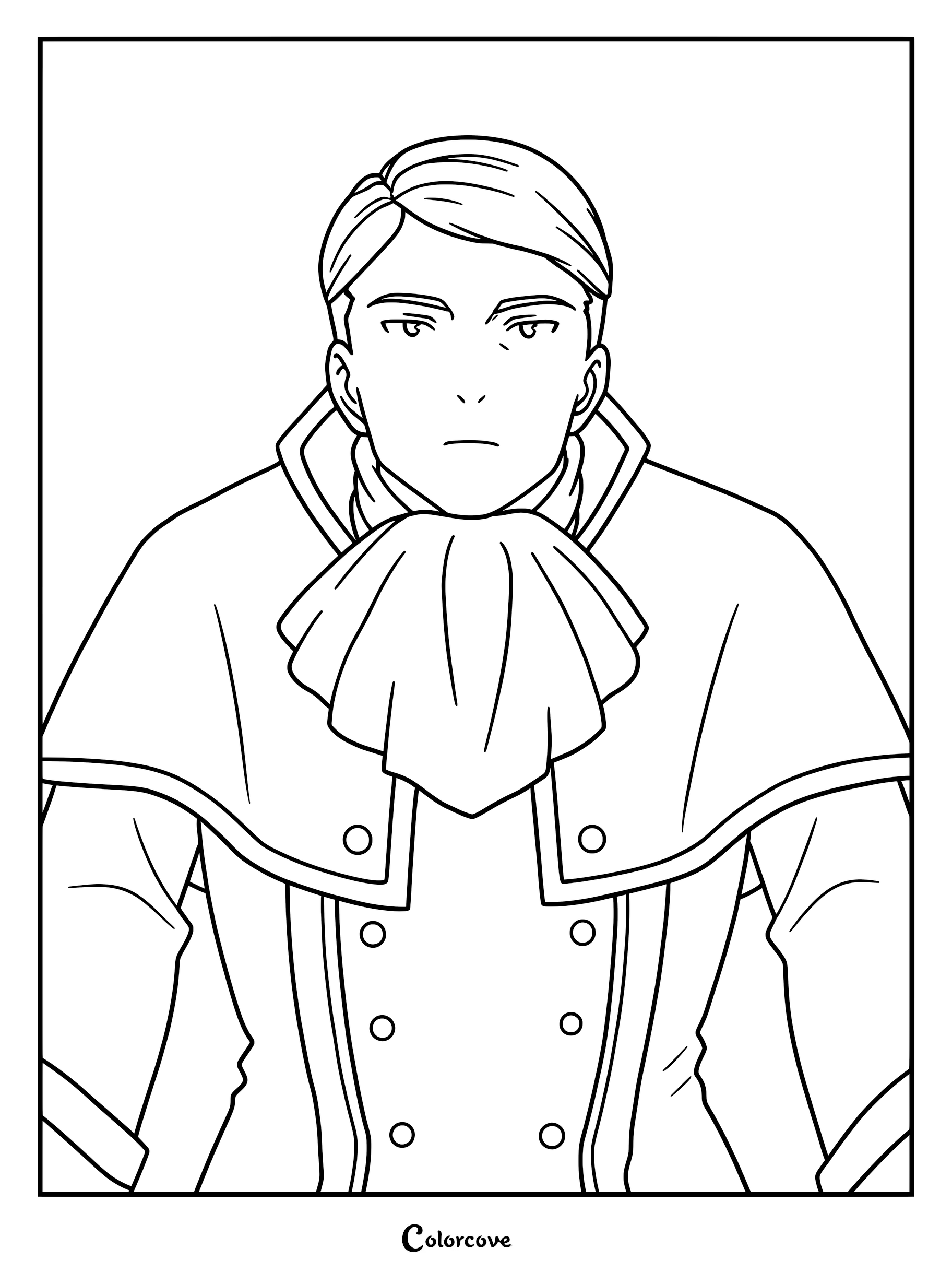 Genau from Frieren Beyond Journey's End wearing his distinctive blue mage uniform with a cravat in a printable coloring page format.