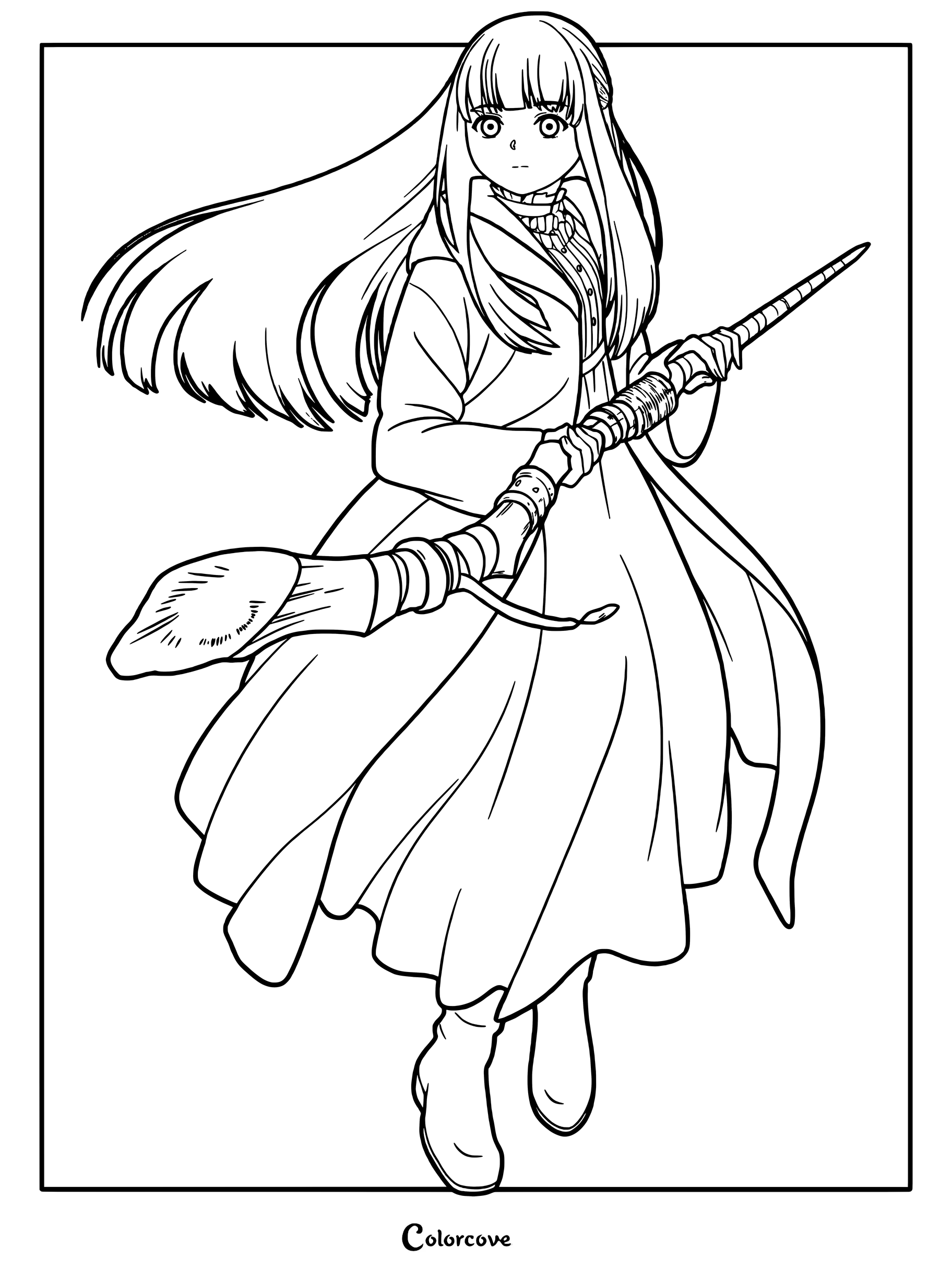 Fern from Frieren Beyond Journey's End coloring page featuring her long purple hair and signature staff.