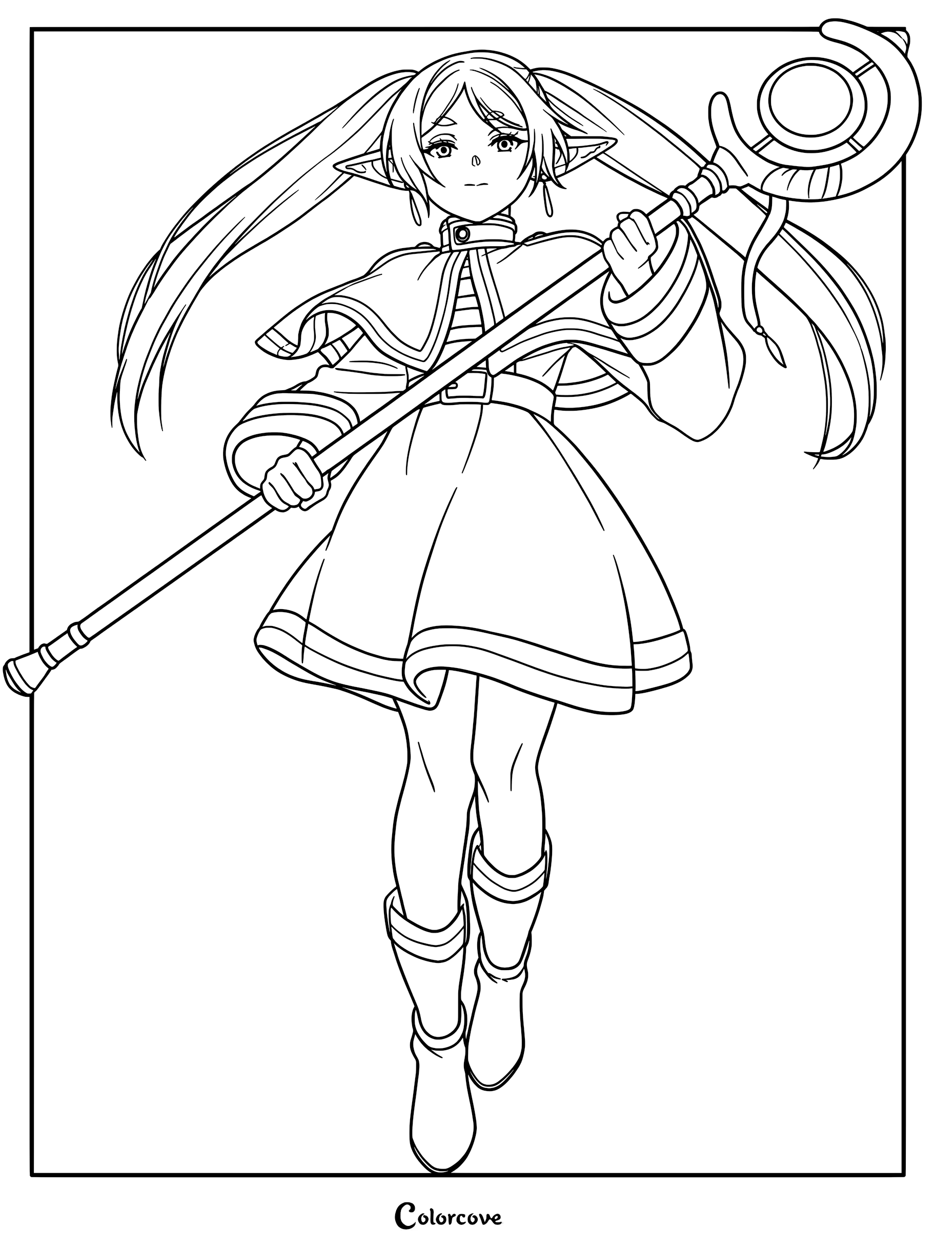 Frieren from Frieren Beyond Journey's End holding her iconic white staff with a red gem in this detailed printable coloring page.
