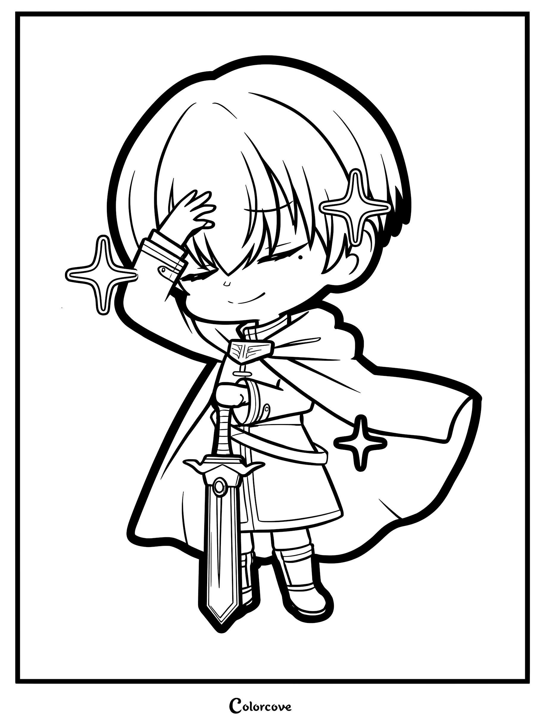 A cute chibi Himmel from Frieren Beyond Journey's End posing confidently with his sword, featured in a printable coloring page.