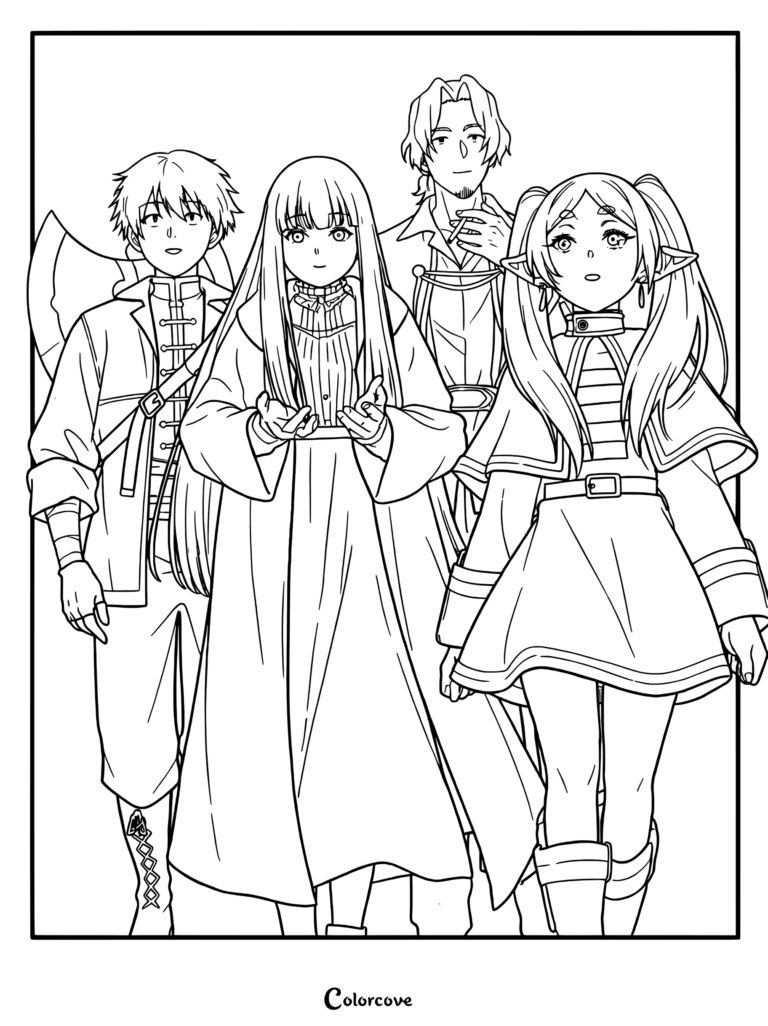 A detailed coloring page featuring Frieren, Fern, Stark, and Sein from Frieren Beyond Journey's End standing together in a group portrait.