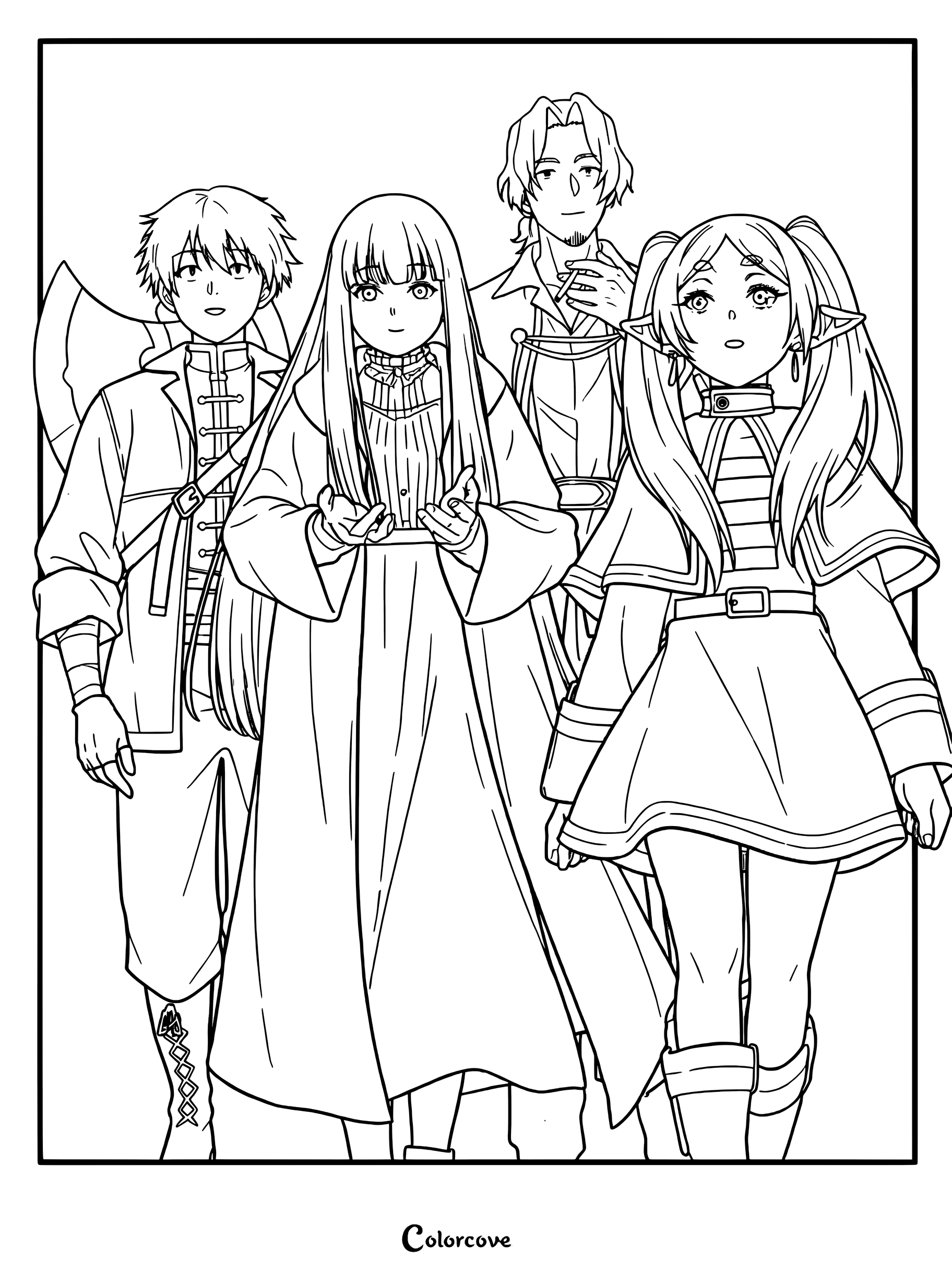 A detailed coloring page featuring Frieren, Fern, Stark, and Sein from Frieren Beyond Journey's End standing together in a group portrait.