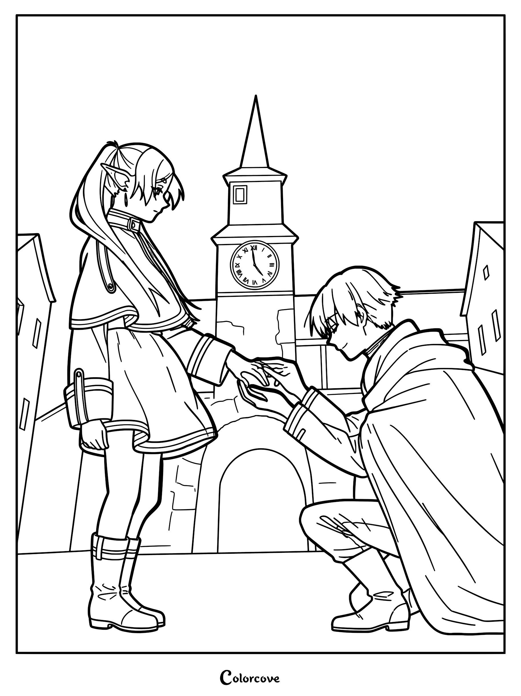 Line art coloring page of Himmel kneeling to place a ring on Frieren's finger in front of a town clock tower.