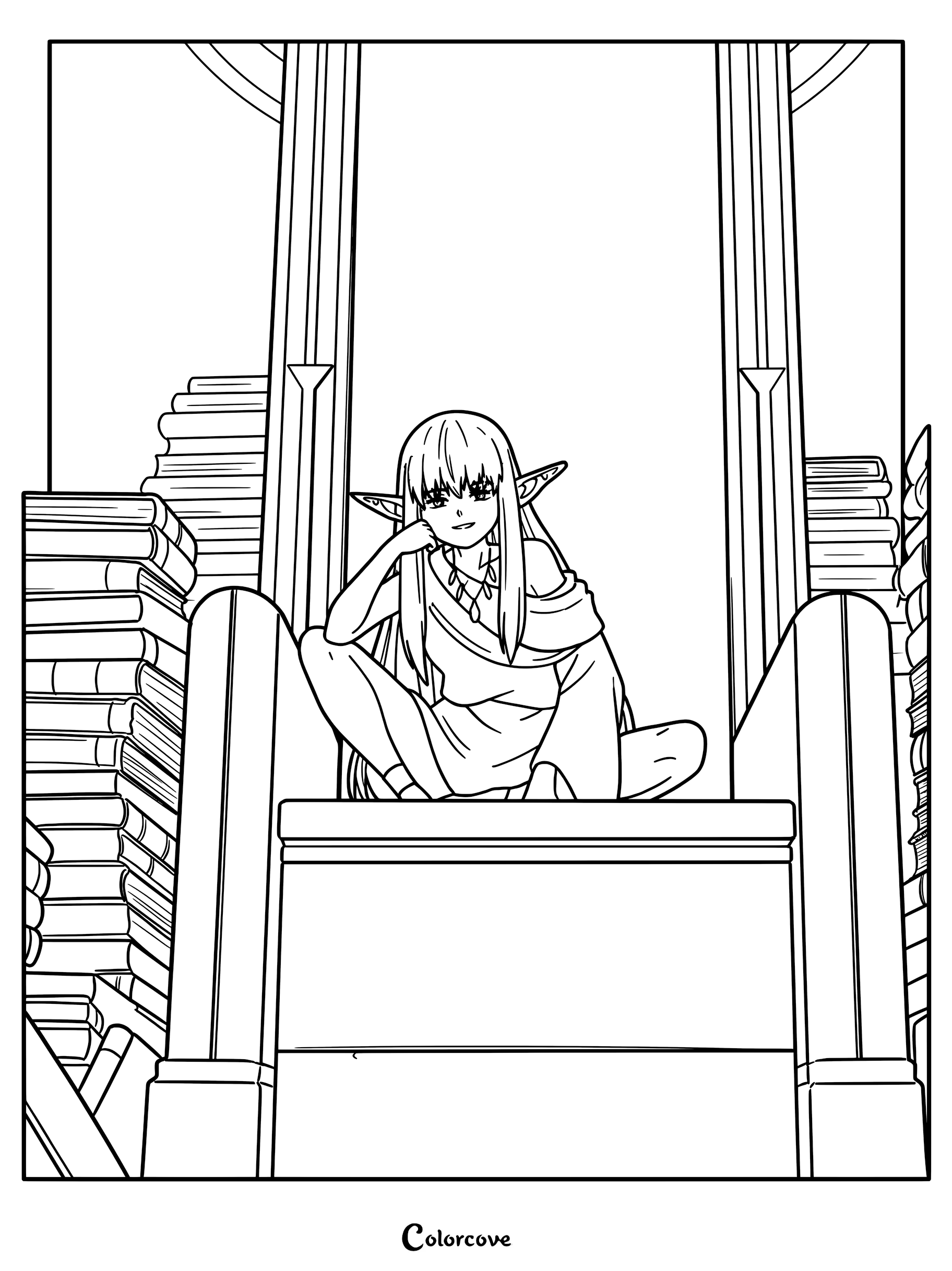 Serie from Frieren Beyond Journey's End lounging on her throne in a room filled with books, line art coloring page.