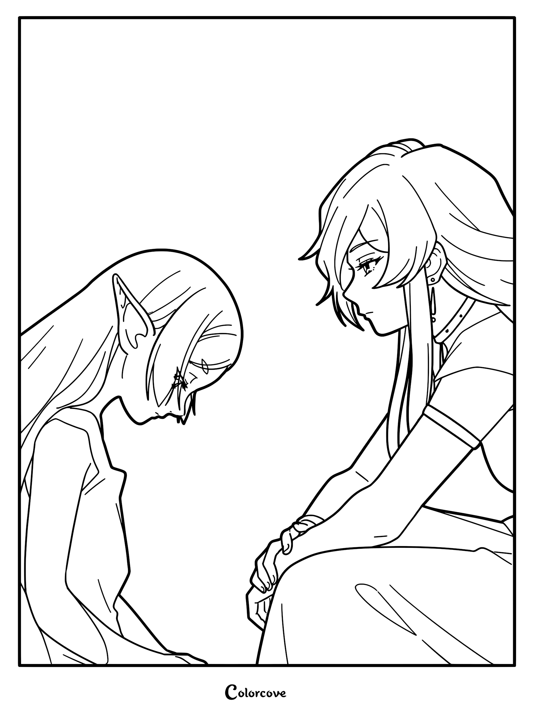 A printable coloring page showing the first encounter between Flamme and a young Frieren, with Frieren looking down and Flamme observing her.