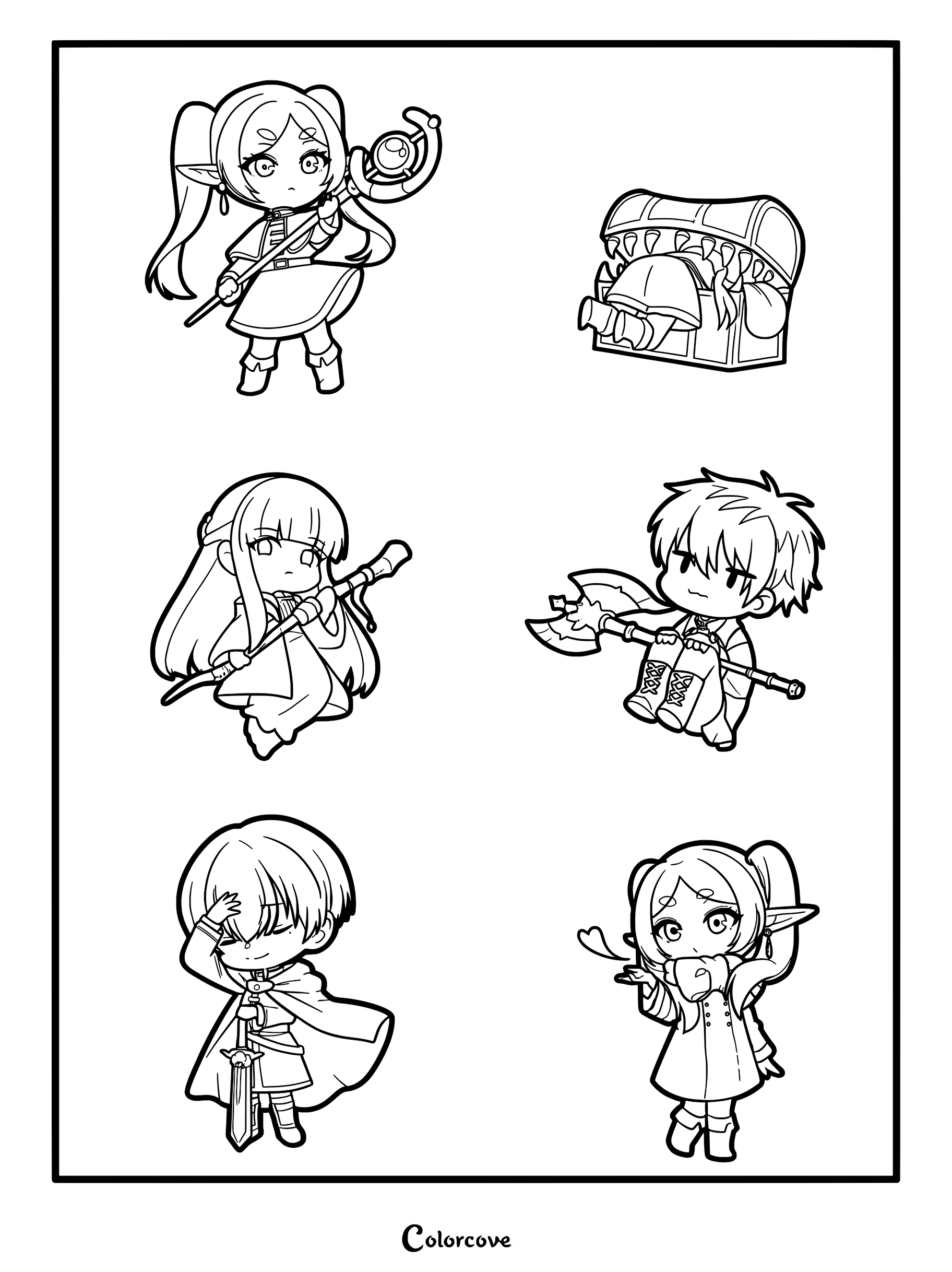 Chibi coloring page featuring Frieren, Fern, Stark, and Himmel in cute art style with Frieren trapped in a mimic chest.