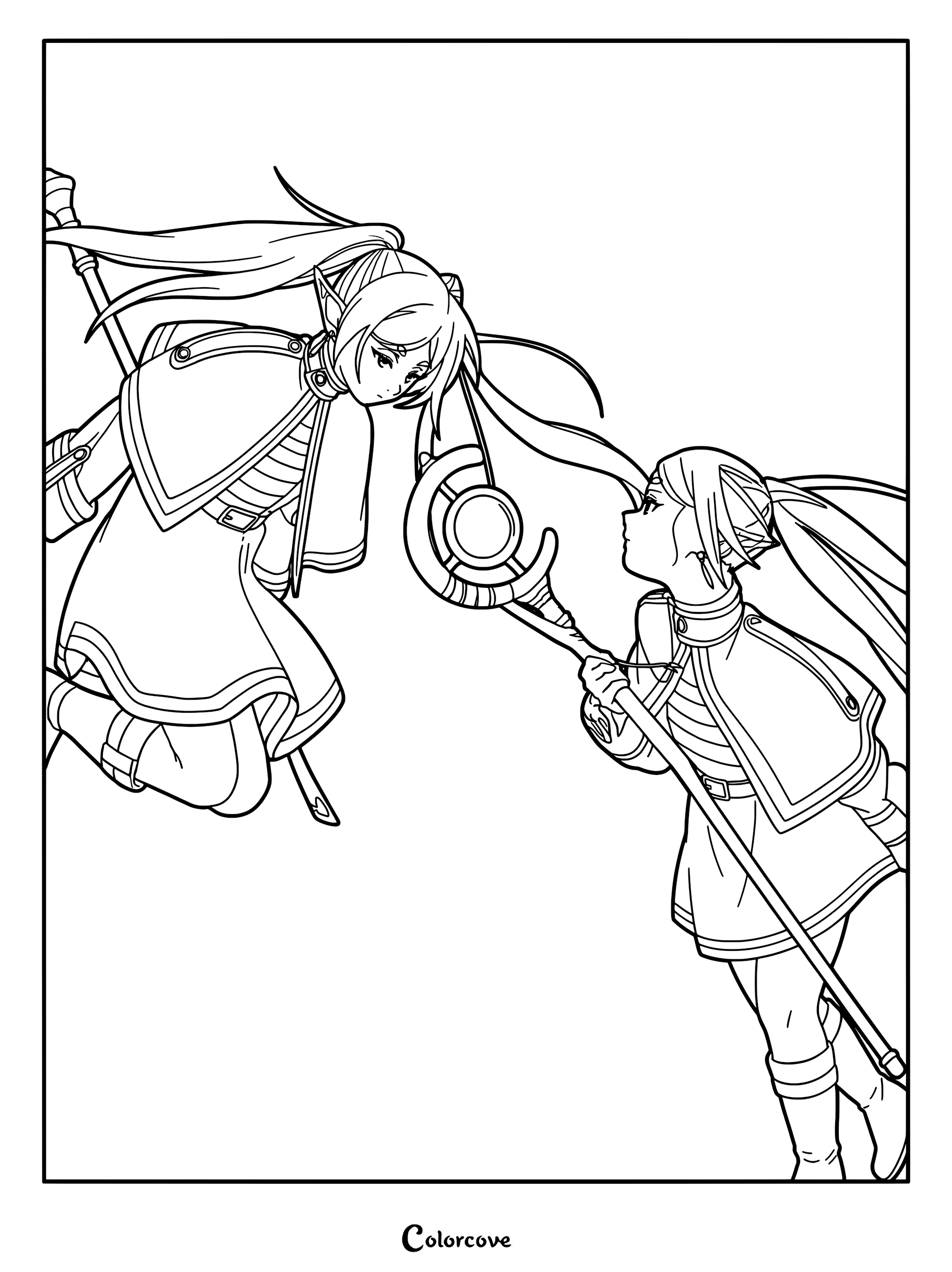 Frieren facing her magical clone in a tense battle scene, detailed line art coloring page.