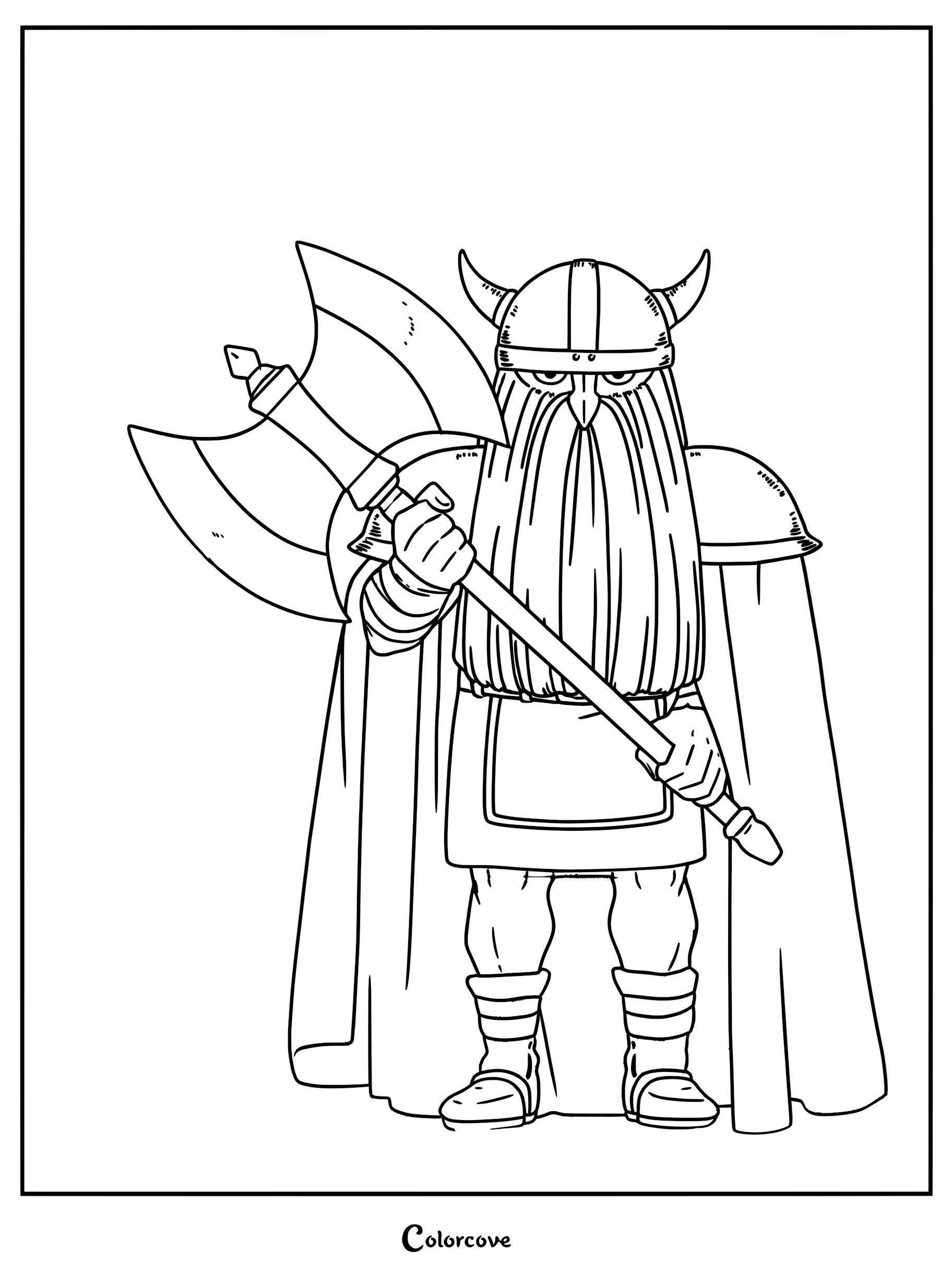 Eisen from Frieren Beyond Journey's End holding a large battle axe, coloring page featuring the dwarf warrior in horned helmet and cape.