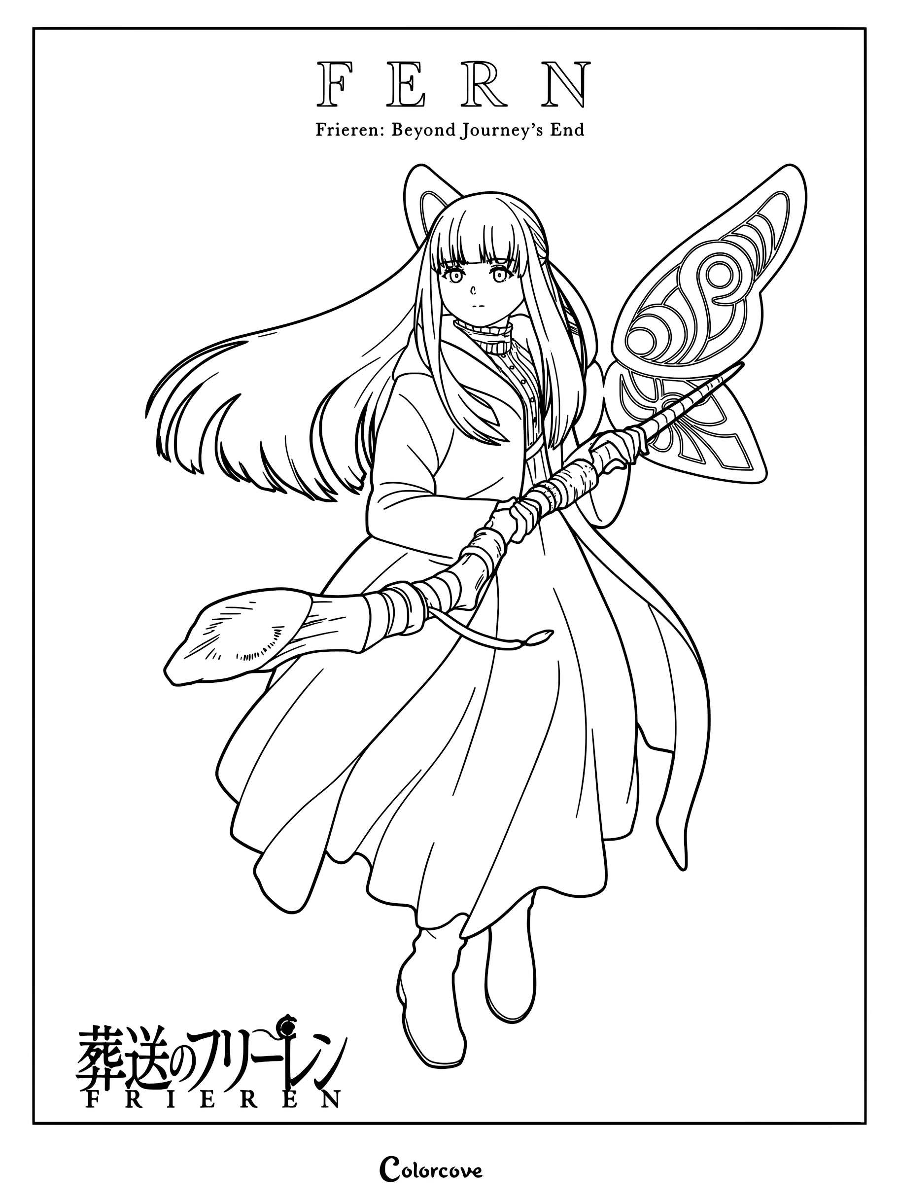 Fern holding a magical staff in a detailed line art coloring page from Frieren Beyond Journey's End.