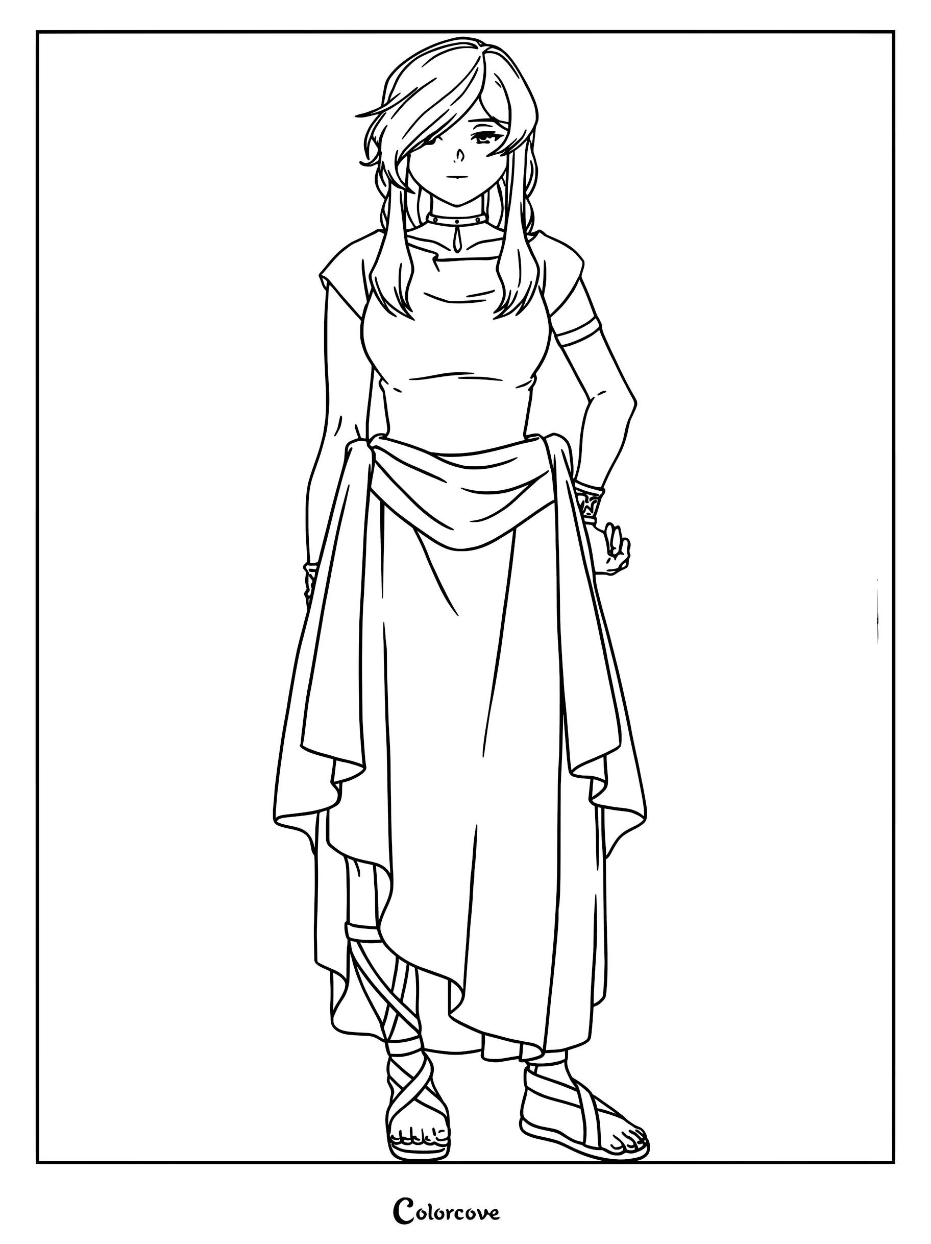 Flamme from Frieren Beyond Journey's End standing in her traditional robes, a detailed line art coloring page.