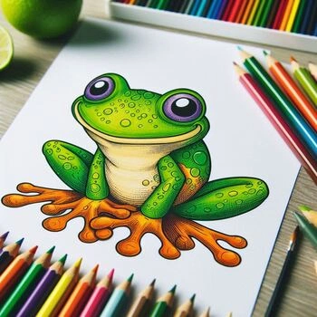 Coloring page of a cute green frog with orange feet, surrounded by colorful pencils on a wooden surface.