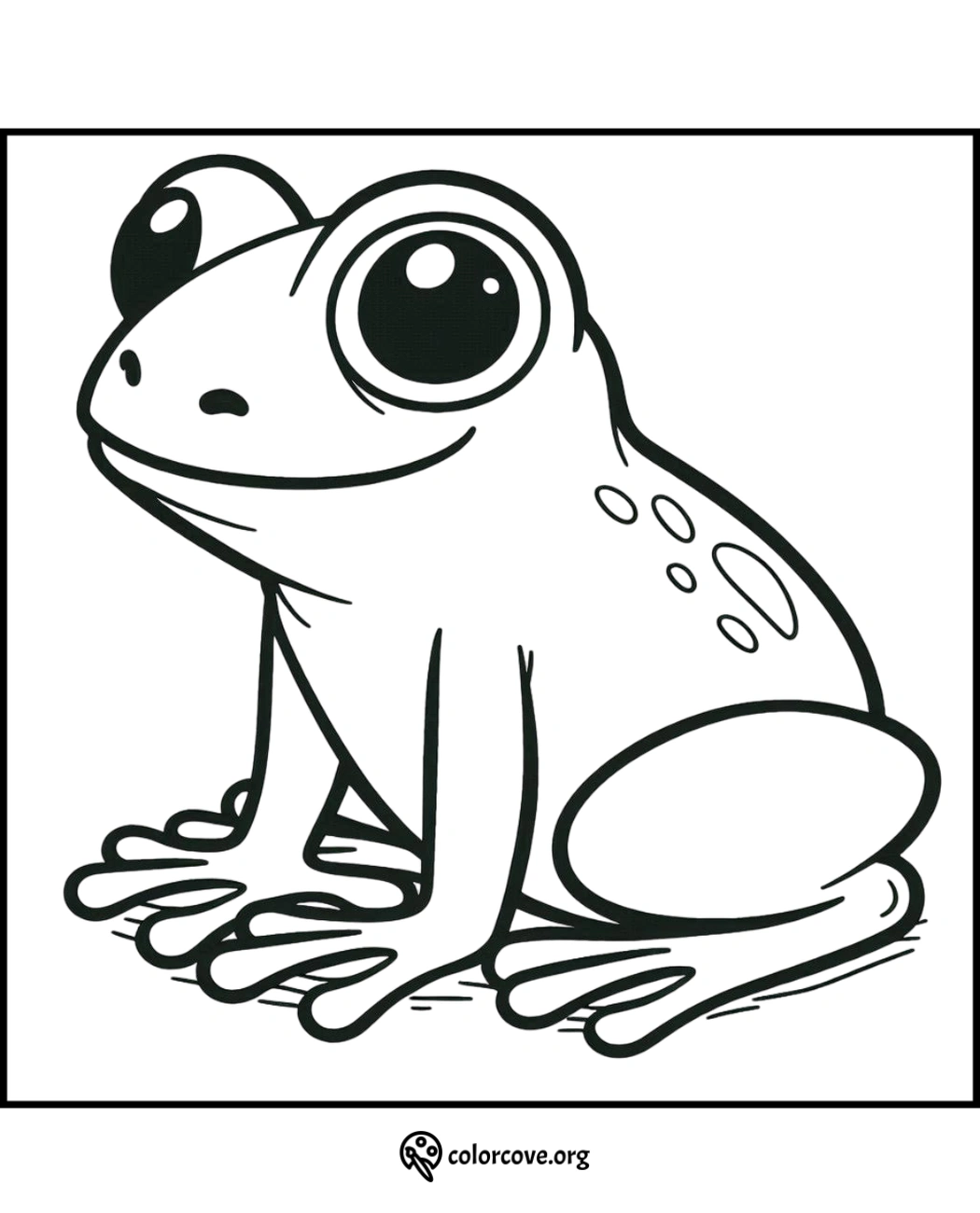 Coloring page of a cute frog with large eyes sitting on the ground, perfect for kids to color and enjoy.