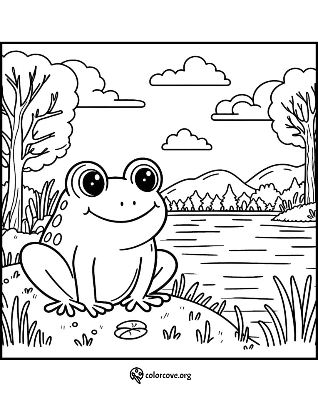 Cute frog by a lake with trees and mountains in the background. Coloring page for kids.