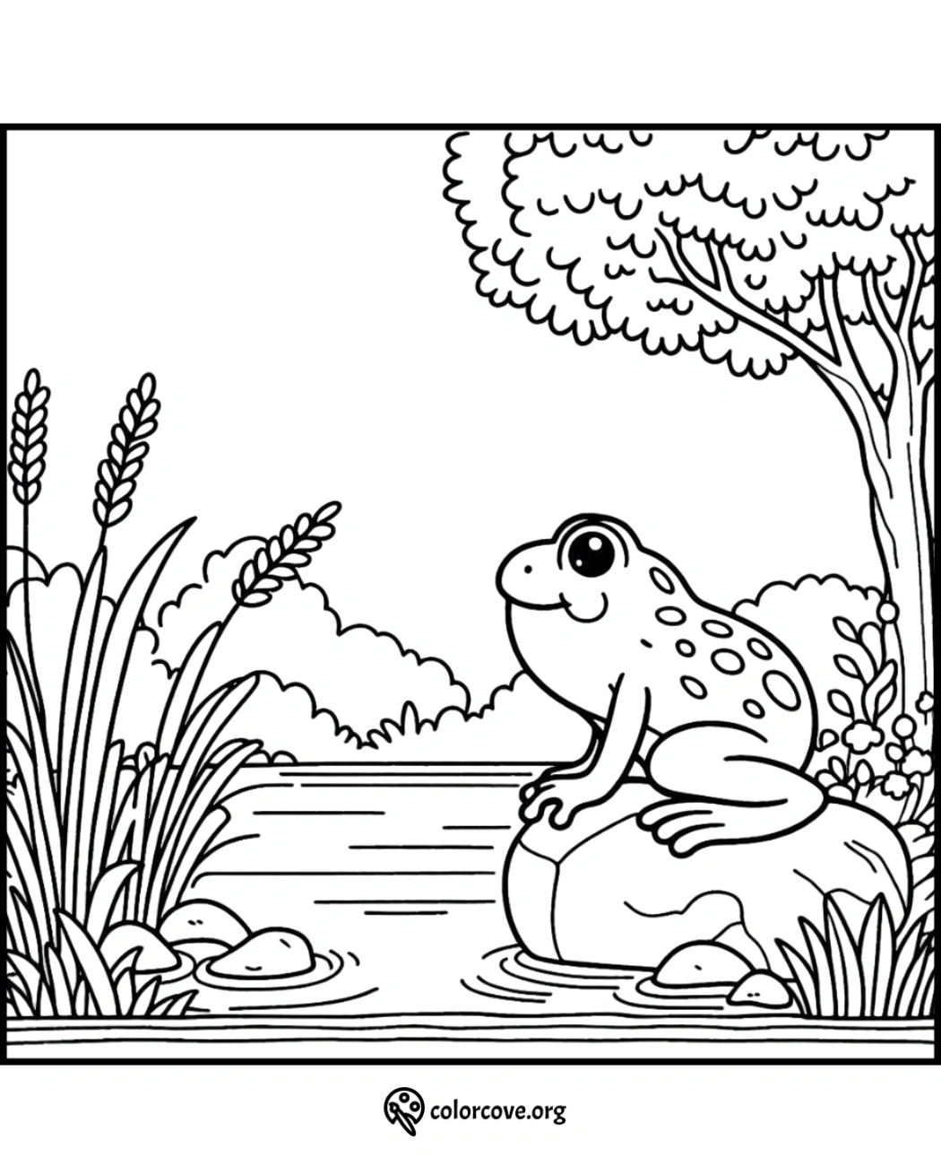 Cute frog by a pond coloring page for kids featuring nature scene with a tree, plants, and rocks. Printable and fun!