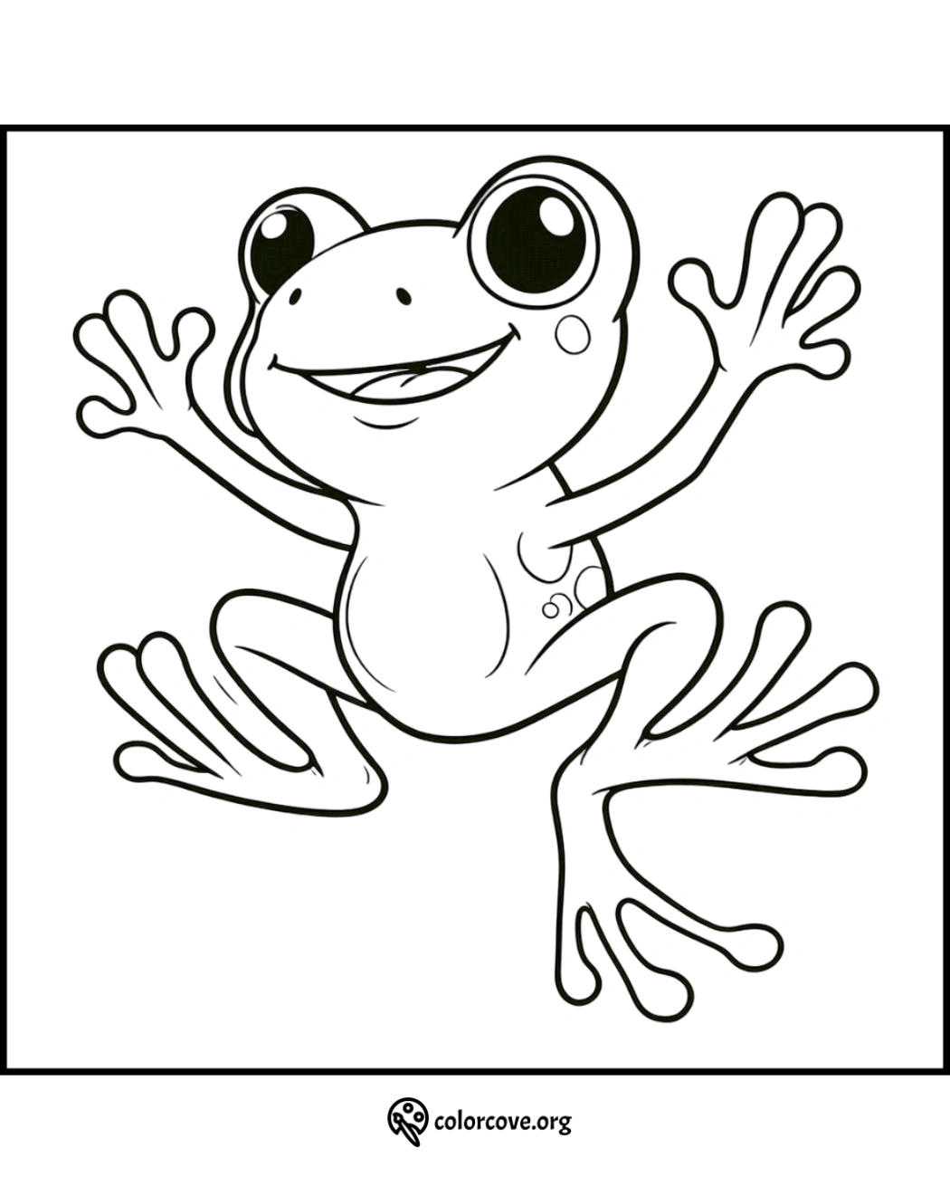 Coloring page of a happy frog with large eyes and spread-out limbs, perfect for kids' creative coloring activities.