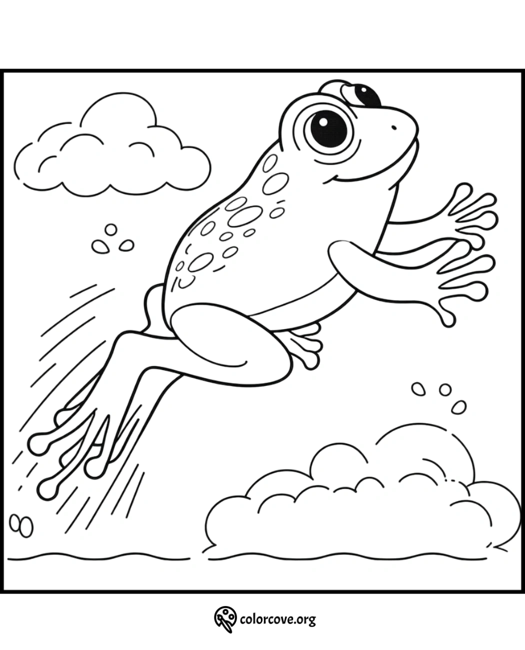 Frog coloring page: cute frog leaping with clouds. Perfect for kids' coloring activities, educational fun, printable.