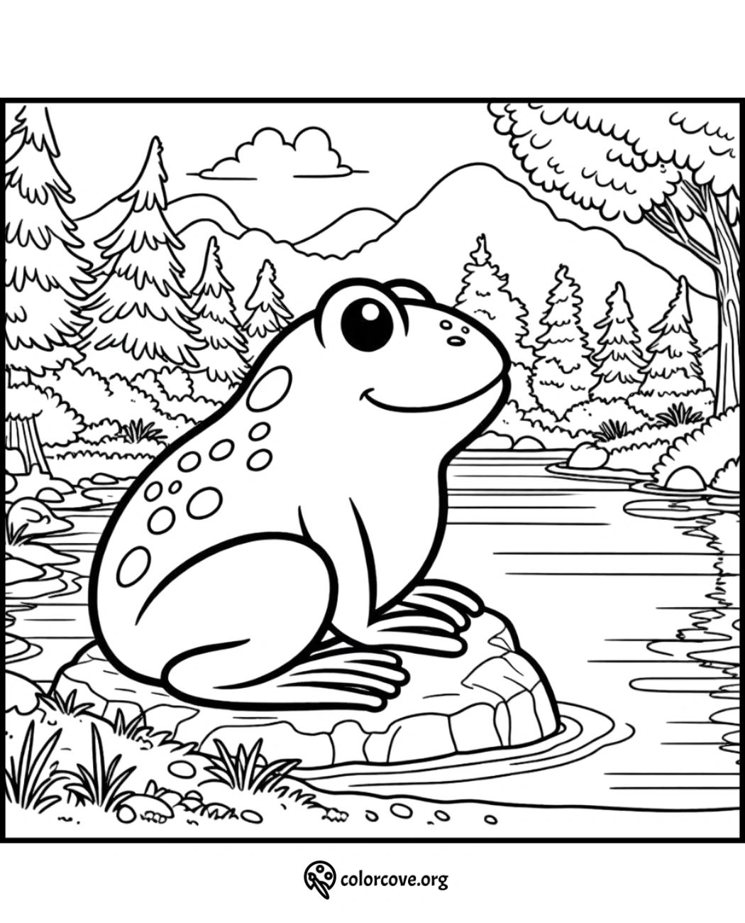 Coloring page of a happy cartoon frog sitting on a rock in a forest with a river, trees, and mountains in the background.