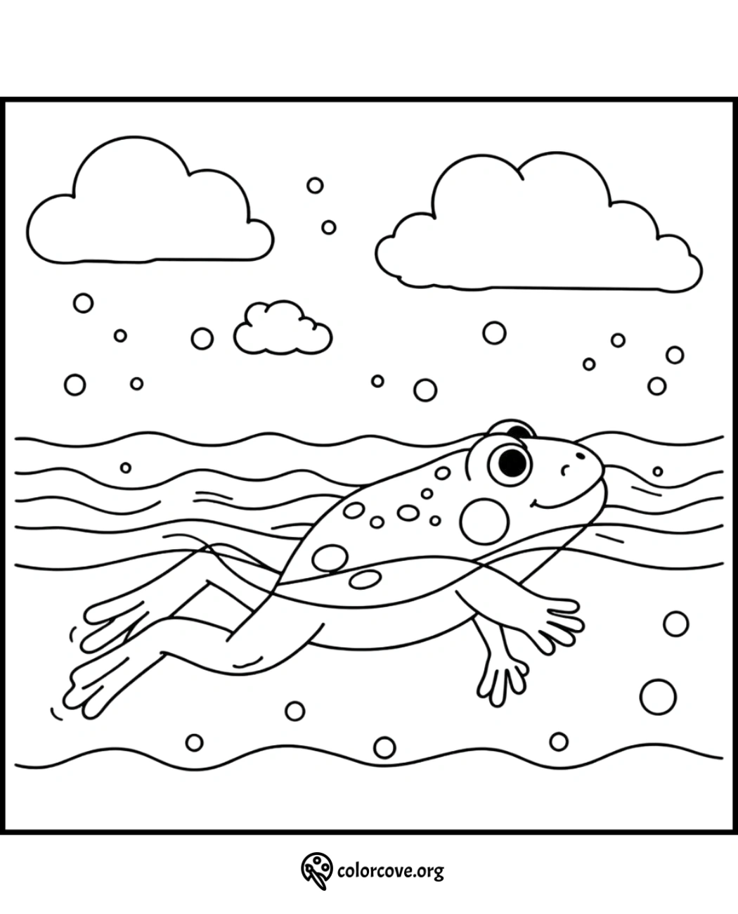 Coloring page of a happy frog swimming underwater with bubbles and clouds above. Fun and educational activity for kids.