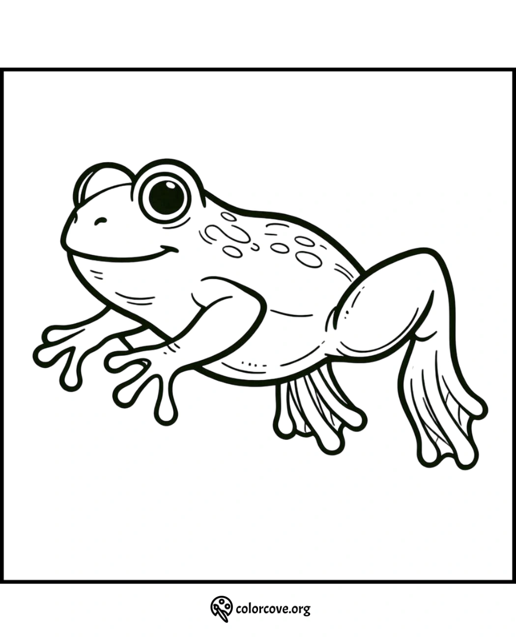 Coloring page of a smiling frog with big eyes, ready to be filled with colors. Perfect for kids' creative activities.