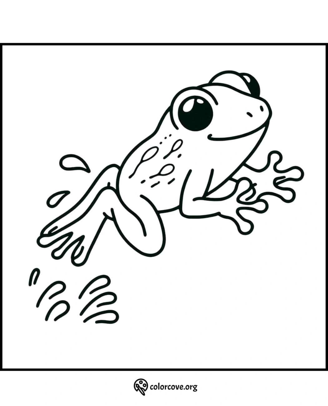 Jumping frog coloring page for kids, fun printable activity with a cute frog leaping. Perfect for children's creativity.