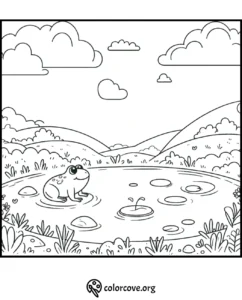 Coloring page featuring a frog in a pond surrounded by hills, plants, and clouds in the sky. Suitable for kids' activities.
