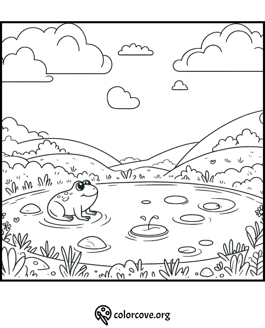 Coloring page featuring a frog in a pond surrounded by hills, plants, and clouds in the sky. Suitable for kids' activities.