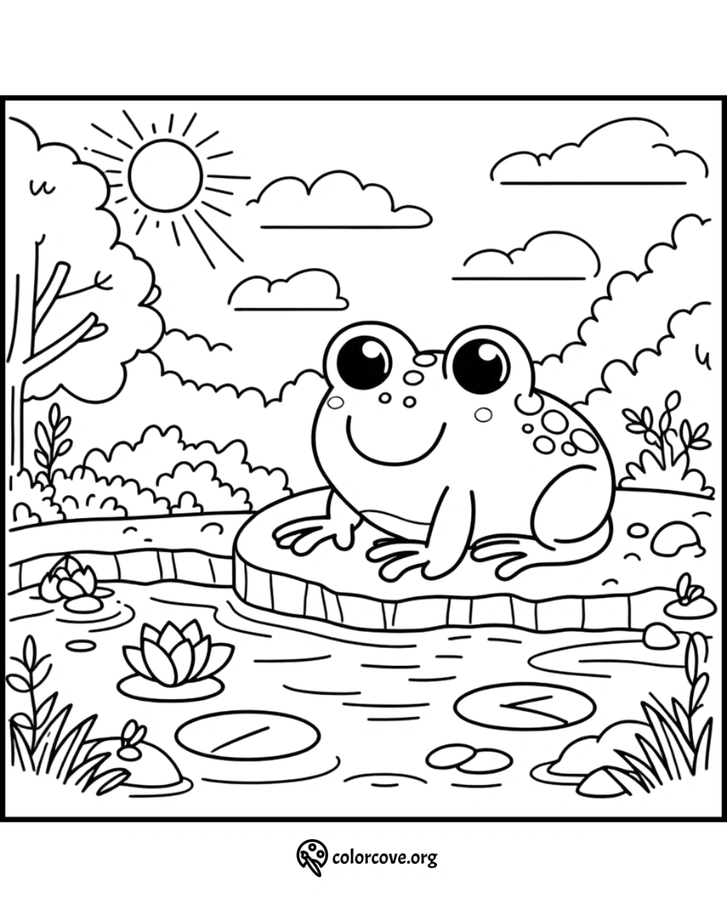 Frog coloring page with a happy frog on a lily pad in a pond under the sun. Fun nature-themed printable for kids.