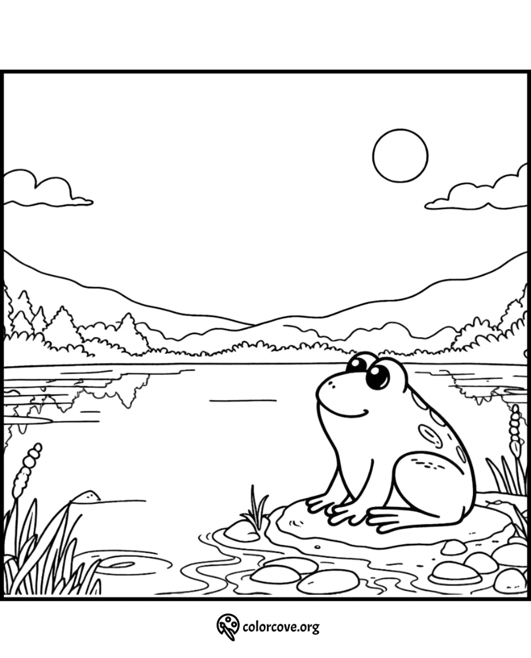 Coloring page with a frog sitting on a rock by a lake, with mountains and trees in the background under a sunny sky.