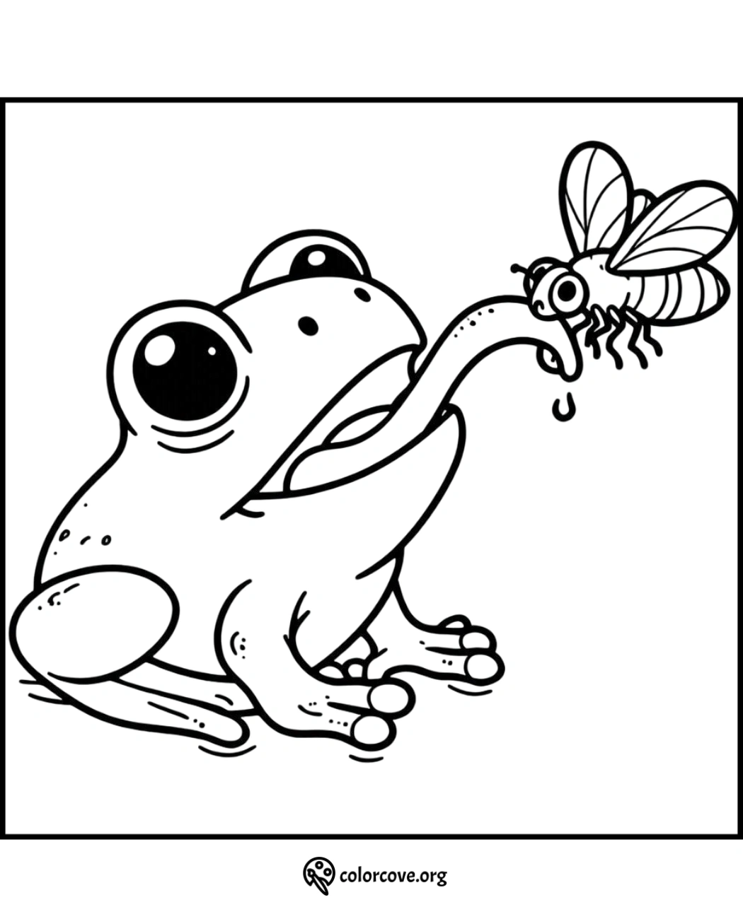 Frog catching a fly with its tongue, printable coloring page for kids. Fun animal activity sheet - colorcove.org