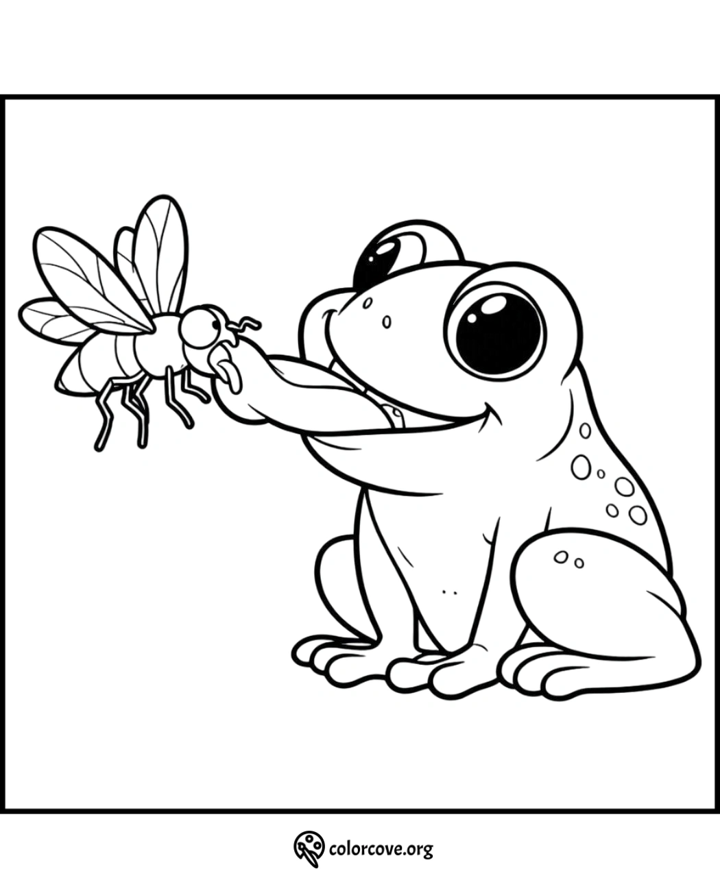 Frog catching a fly coloring page for kids - fun and educational printable activity from colorcove.org.