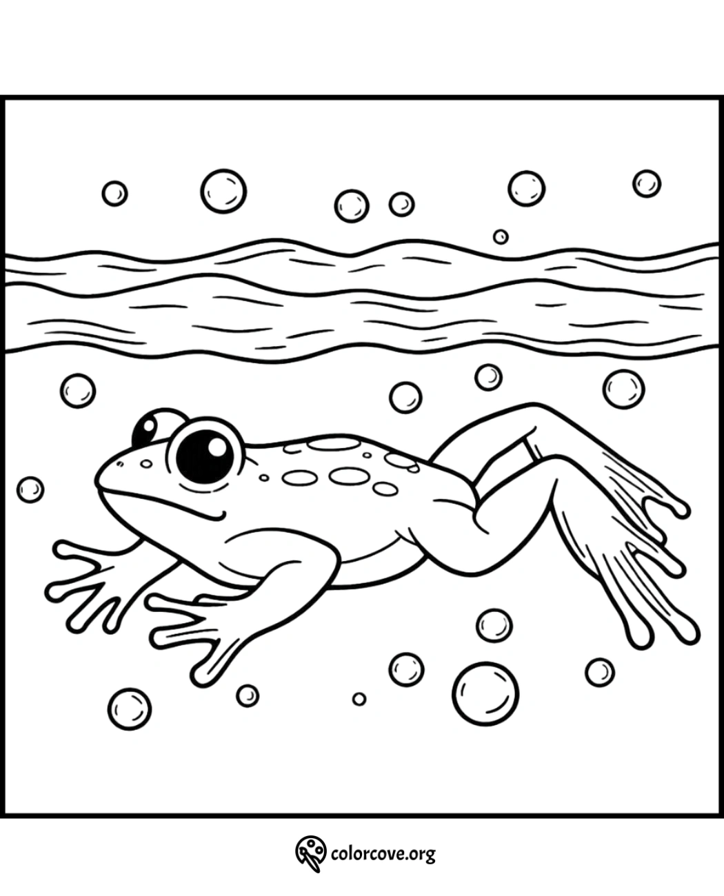 Coloring page of a cute frog swimming underwater with bubbles around, perfect for kids' nature-themed activities.