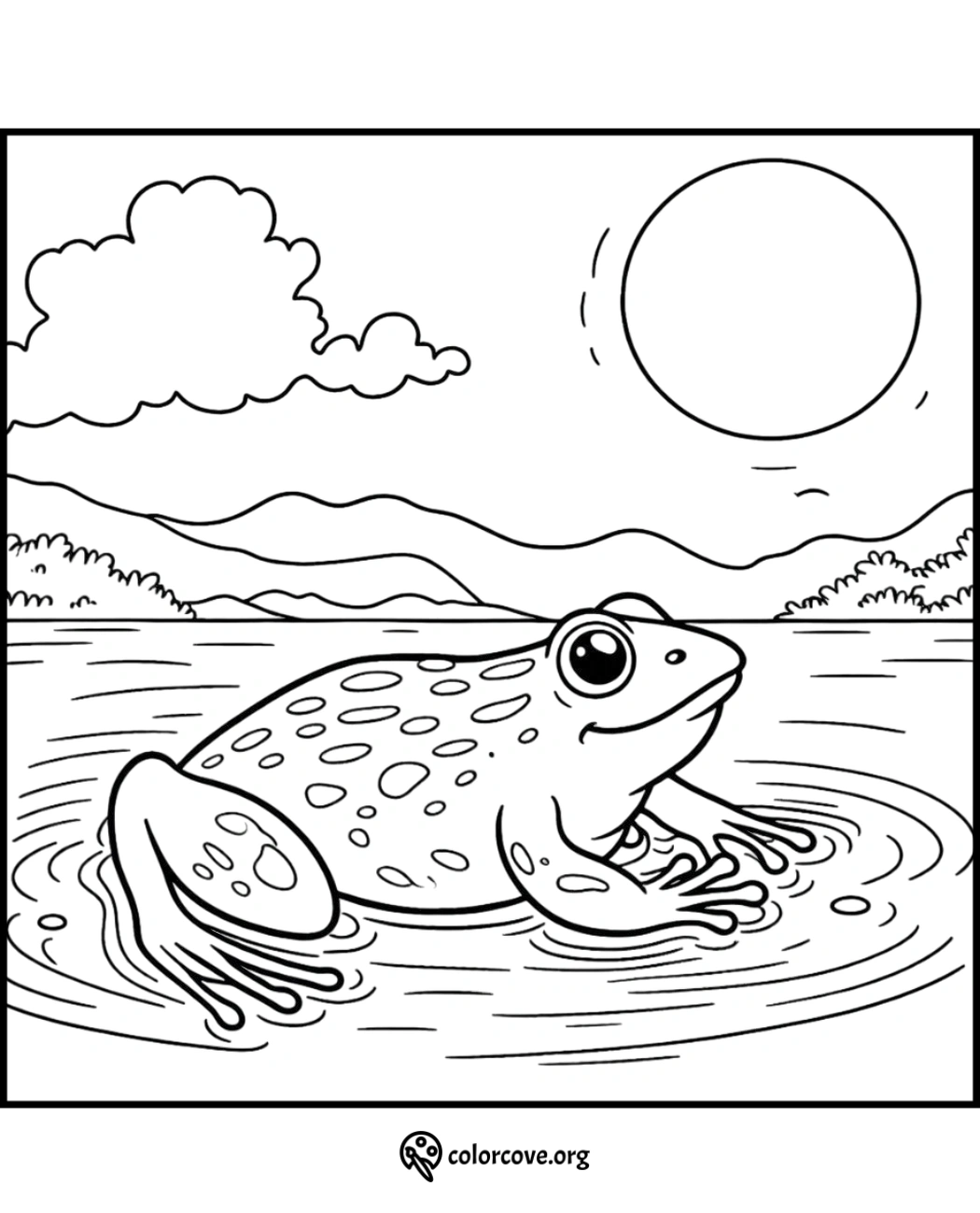 Frog coloring page with a detailed scene of a frog in a pond, surrounded by clouds and mountains under the sun.