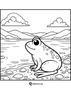 Frog by the lake coloring page with mountains and clouds in the background for kids to color. Download at colorcove.org.