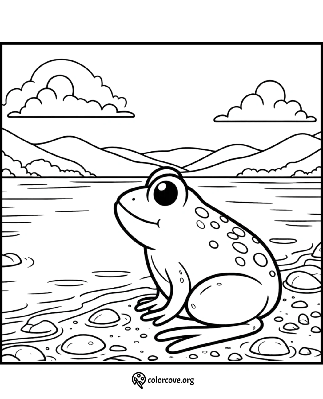 Frog by the lake coloring page with mountains and clouds in the background for kids to color. Download at colorcove.org.