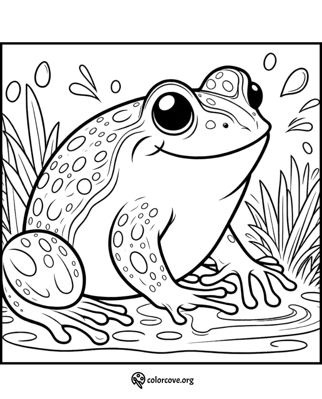 Cute frog coloring page for kids with large eyes and spots, perfect for creative and educational fun. Visit colorcove.org.