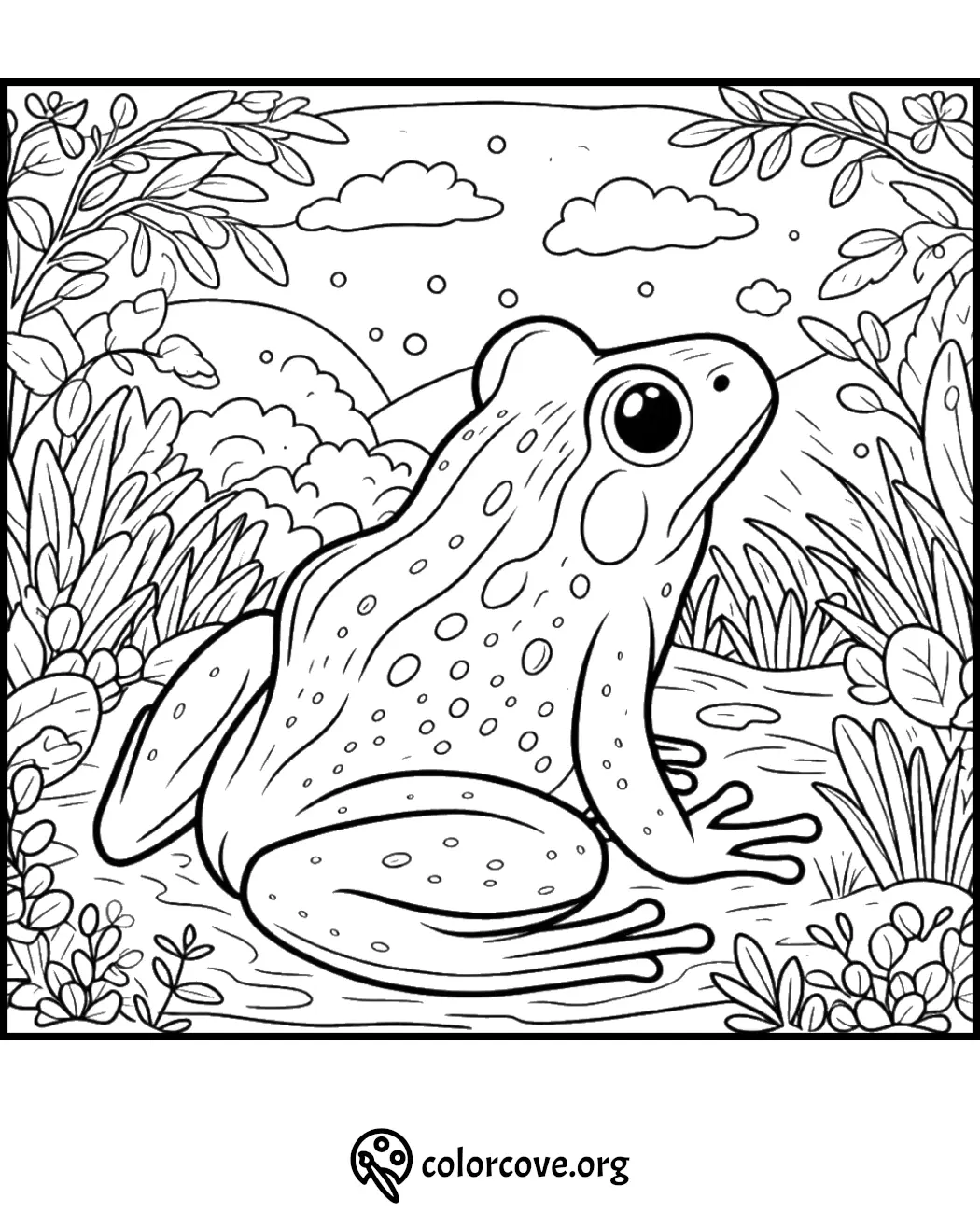 Coloring page featuring a detailed frog sitting in a lush, natural setting with plants and clouds in the background.