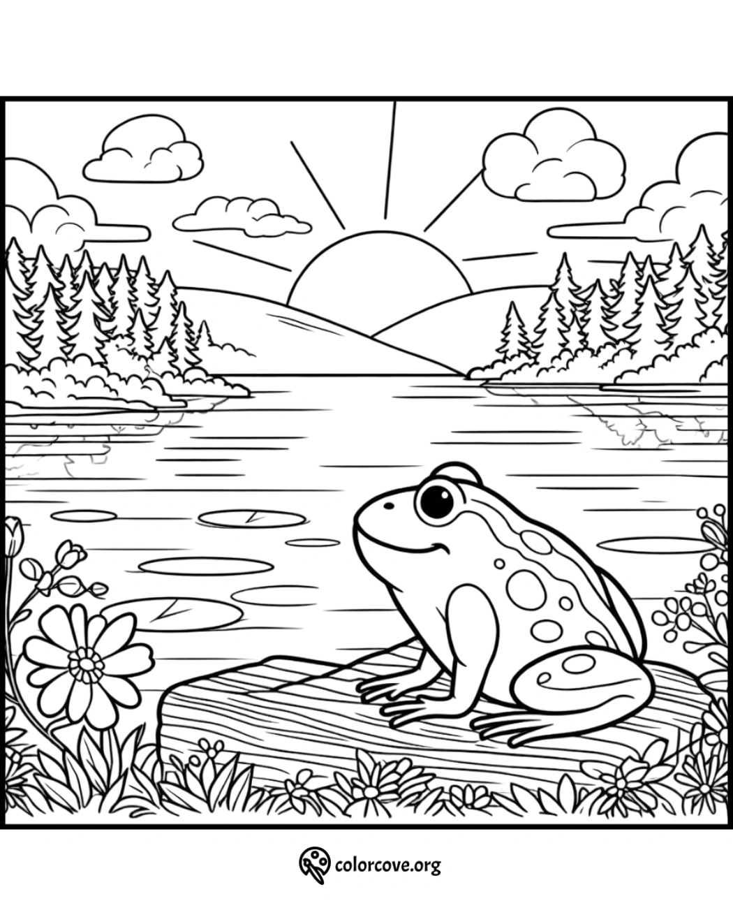 Coloring page of a happy frog on a log by a scenic lake with mountains, trees, and a beautiful sunrise in the background.