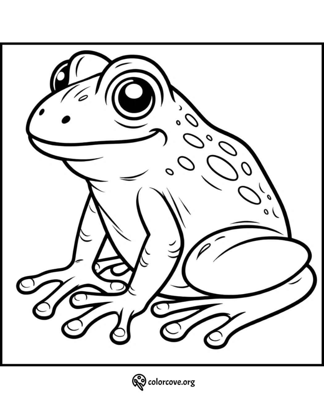 Coloring page of a happy frog with large eyes and spotted back, ready for kids to color and explore their creativity.