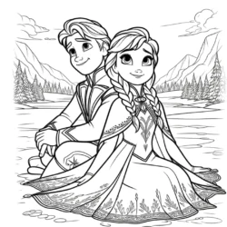 Coloring page featuring a boy and girl in medieval outfits sitting back-to-back, in a scenic, mountainous landscape.