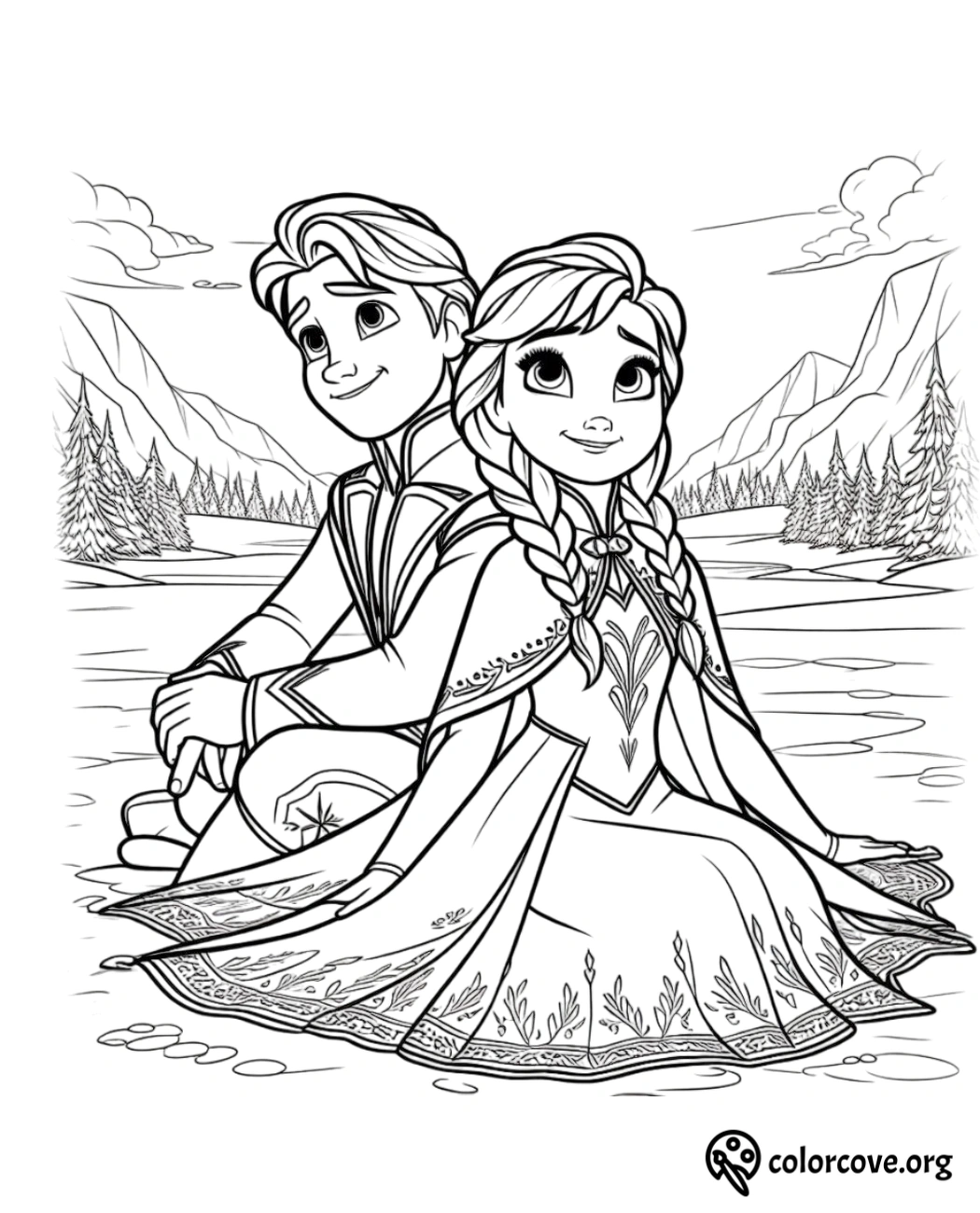 Coloring page featuring a boy and girl in medieval outfits sitting back-to-back, in a scenic, mountainous landscape.