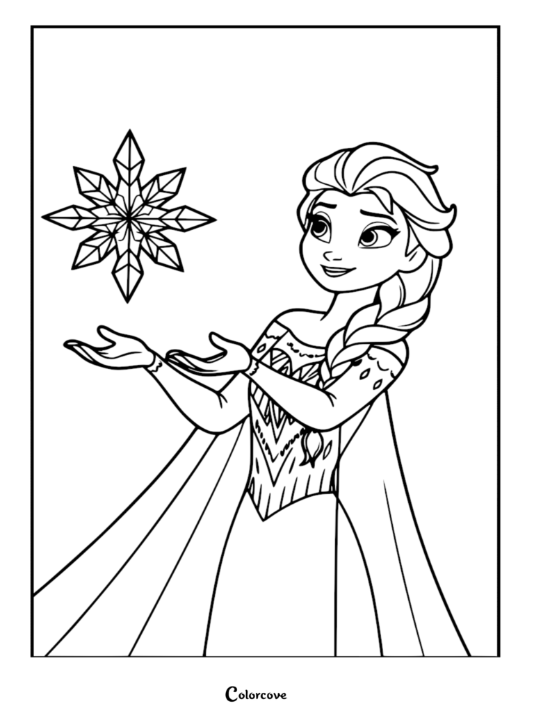 Elsa from Frozen holding a large magical snowflake in this printable coloring page.