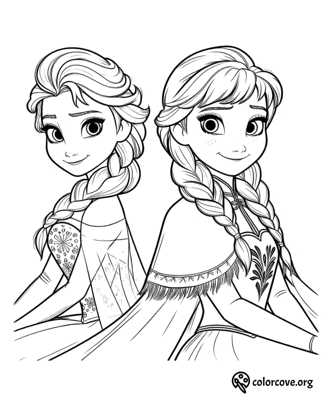 Coloring page of two princesses with braided hair and detailed dresses, ready for kids to color. Image by colorcove.org.