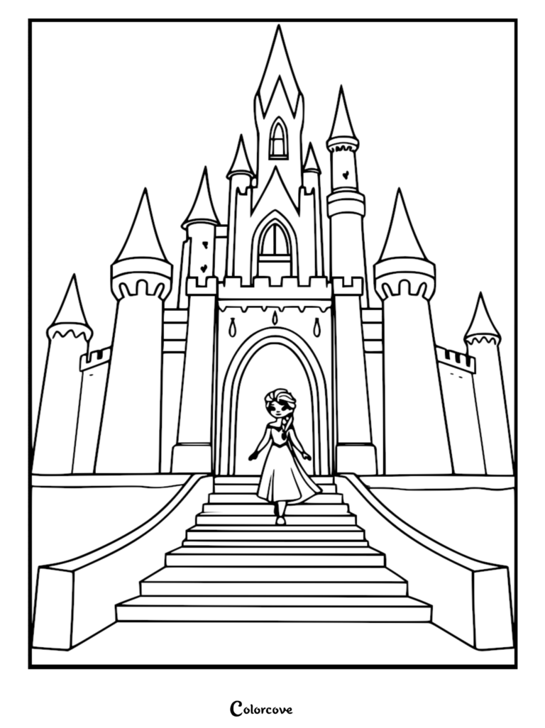 Elsa walking down the stairs of her grand ice castle in this printable coloring page.