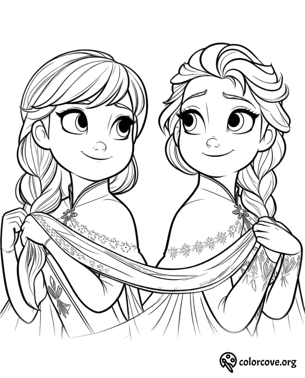 Coloring page featuring two princesses smiling at each other, holding one shared shawl.