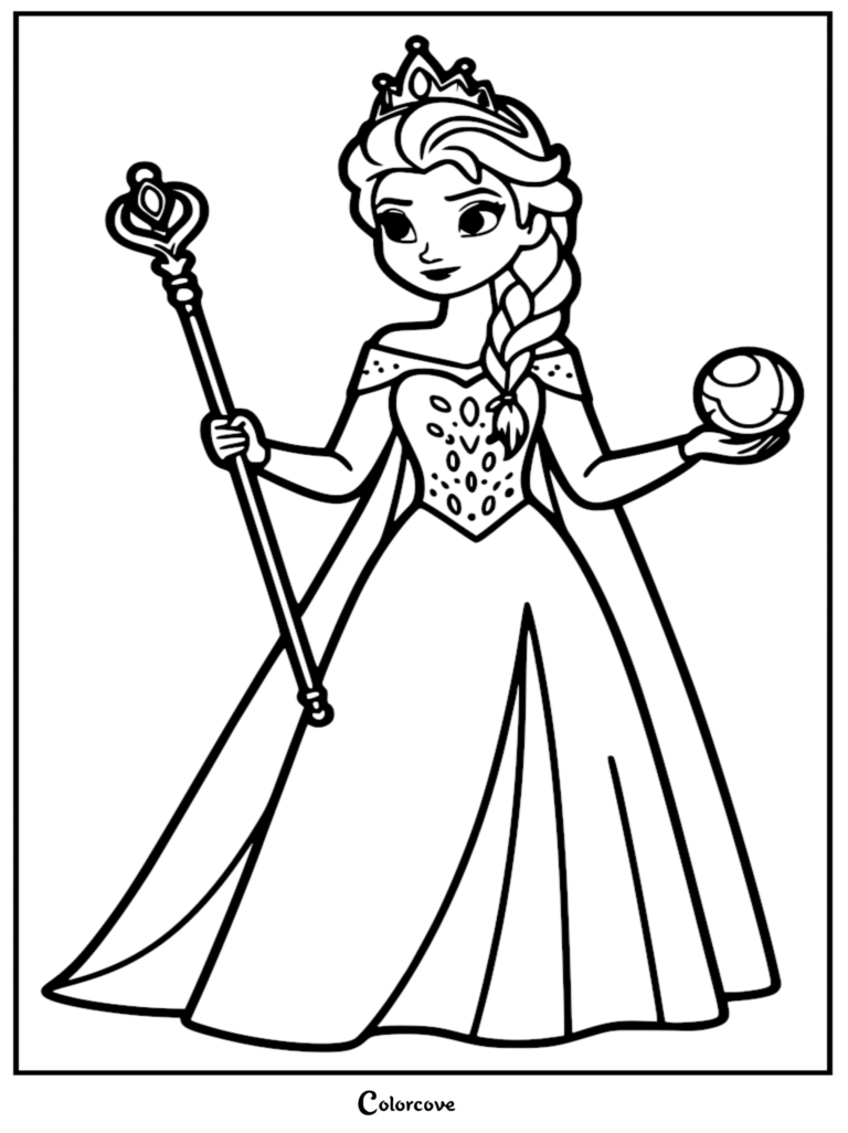 Elsa wearing a crown and gown while holding a scepter and orb in this printable coloring page.